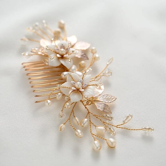 Wedding Hair Comb Bridal Accessories Handmade Flower Gold Elegant Hair Piece